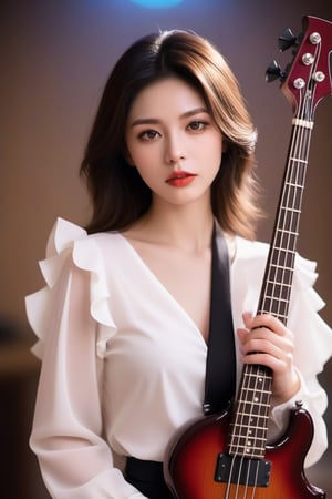 ((((Seductive woman plays electric bass:1.5, 4 strings)))), (​masterpiece、Best Quality:1.4),  (Beautiful, Aesthetic, Perfect, Delicate, Convoluted:1.2), (Cute, Adorable), (depth of fields:1.2), cinema shot, Bokeh, Perfect female shape, (Perfect face, Detailed face, full pouty lips, Glossy lips, makeup, eye line, Expressive eyes), (medium breasts, thin waist), ((white blouse with ruffles and puffy skirt ):1.3), On stage,Good hands, Better hands,2hand, 5FINGERS,neon photography style