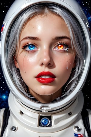 An astronote woman and space, (astronote suit),space helmet,  beautiful and detailed woman, beautiful and detailed eyes, tears in her eyes, glowing eyes, heterochromia eyes, great detail in the tears, rimel of the eyes desalineated by crying, silver hair, freckles in the pins, red lips, decayed lips, tears for the pins and mouth, semi -open lips,Heterochromia, porcelain skin, huge planets background, 