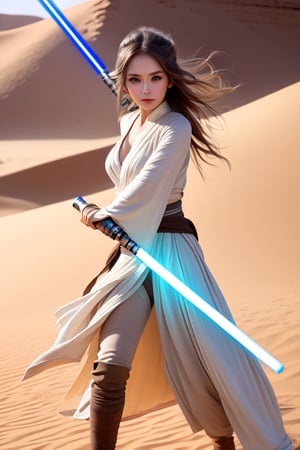 (1 Jedi Girl)、In Jedioutfit 、((Have a lightsaber))、medium breasts, Super detailed illustration、extra detailed face、large glowing eyes, Raw photography、film grains、detailed skin textures、Detailed fabric texture、dynamic pose, Character Focus, Desert ruins,action scene, windy hair,