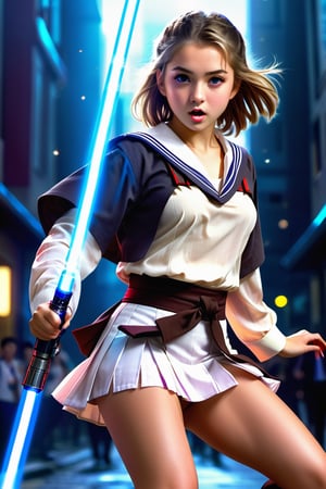 (1 jedi school Girl)、In school uniform, sailor style blouse, bare-legs, ((Have a lightsaber))、large glowing eyes, serious expression ,hardly breathing, medium breasts, floating hair, jumping with knees bend, Super detailed illustration、extra detailed face、wide open mouth,Raw photography、film grains、detailed skin textures、Detailed fabric texture、dynamic pose, Character Focus, city street, crowd ,battle scene, dynamic pose,side view, look at me, detailmaster2,neon photography style,detailmaster2,science fiction