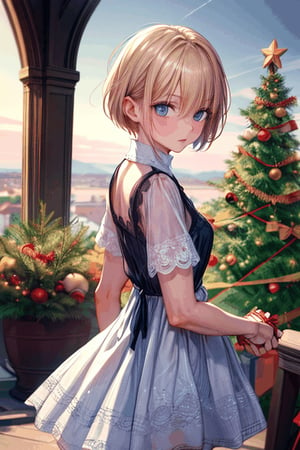 (masterpiece), (detailed eyes), (highly detailed),Xmas,Xmas tree,a girl giving a Xmas gift,blond short hair, blue eyes,handsome little boy, cool face, white lace open tunic,bright garden full of flowers,look back,blink,cowboy shot,daytime sky,
