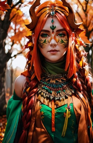 Druid, (autumn, autumn leaves), orange hair, green eyes, nature, forest, witchcraft, , Strong and vibrant colors 64k, variation-imagine --s2,cibertribal