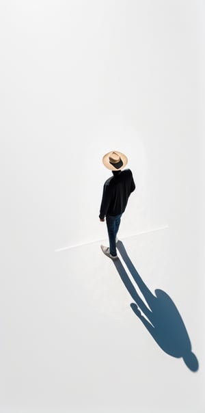 Prospect, Bird's-eye view, Human figure, A pure white background, Alone, Walk in a pure white space, Shadow, Wearing a hat, Can't see the face clea, Loneliness, Sense of atmosphere, Leave a lot of white space, modern art