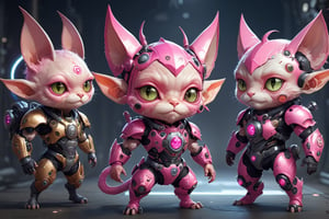 space, cute chibi pink goblin like a rabitt and cat ,cyborg style,cyborg,fantasy style ,full body,