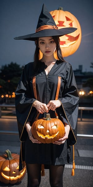 a girl with a halloween costume and a wizard hat holding a halloween pumpkin,photo, student in tokyo, wide fov, wide field of view, wide angle, hyper maximalist, bright saturated colors, award-winning, masterpiece, detailed, high resolution