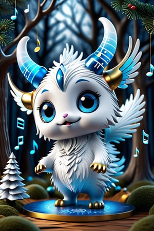 (((three white chibi monster ))) ,like a Long-tailed Tit with a horns ,a Allen in a woods, with music notes colorful Allen world with DMA, analogue spectrum hologram, close-up a xmas ornaments
, hologram vortex simulation, Cristal trees, blue , gold and silver patterns, path background hyper detailed, with Inca filer of gold, ((music life)), music notes, high resolution, cinema 4D
