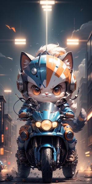 masterpiece, best quality, 4k, 8k, 1 ninja tattle , With round eyes, Dressed in blue and orange mecha, wearing a mecha helmet, holding a directional controller, riding on a motorcycle, The background is a high-tech lighting scene, The city of the future