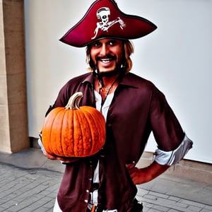 Highly detailed, High Quality, Masterpiece, beautiful, 1boy in the Halloween night festival with a halloween pumpkin , solo, , jack sparrow, brown eyes, hat, brown hair, earrings, hat, pirate, jewelry, shirt, short hair, white shirt,  