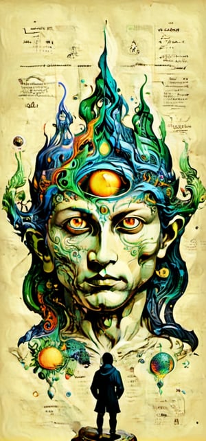 Full-body image, Leonardo Style, illustration,Centred vector art  , i ultra detailed,  Full-body mystical cosmic Entity standing touching  his forehead to activate his pineal gland and open his third eye In the secret city hidden in the heart of the planet  Full-body image , psichodelic art style, , Well-defined black lines, 4k, hud, 35mm photorealistic ,Kensuke Takahashi y style, intense  colors , Hallucinogenic lsd trip style , black flat background Merging with image ,  Centred vector art, ,vector art illustration,,tshirt design,vector art,on parchment