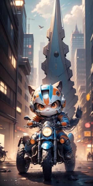 masterpiece, best quality, 4k, 8k, 1 ninja tattle , With round eyes, Dressed in blue and orange mecha, wearing a mecha helmet, holding a directional controller, riding on a motorcycle, The background is a high-tech lighting scene, The city of the future