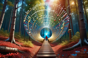 a Allen in a woods, with music notes colorful Allen world with DMA, analogue spectrum hologram, hologram vortex simulation, Cristal trees, red and blue , gold and silver patterns, path in the woods background hyper detailed, with Inca filer of gold, ((music life)), music notes, high resolution, cinema 4D