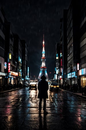 Smurf cat standing on road,cinematic lighting, mood lighting, dark environment, high_resolution, superdetailed, 8k, hyper realism, raining, urban environment, tokyo tower, superfocus, Bokeh, standing,perfecteyes,