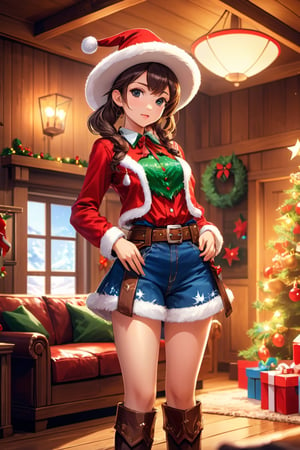 masterpiece, concepy art, anime style, medium shot, 1girl wearing christmas outfit, cowboy hat, texas style cowboy living room interior background, wood, christmas decoration, vibrant color, epic composition, epic proportion, HD,A1st