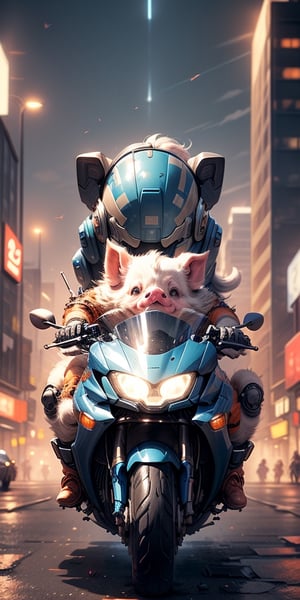 masterpiece, best quality, 4k, 8k, 1 pig , With round eyes, Dressed in blue and orange mecha, wearing a mecha helmet, holding a directional controller, riding on a motorcycle, The background is a high-tech lighting scene, The city of the future