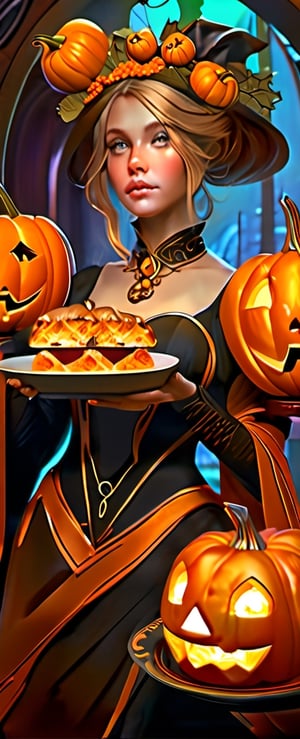 A girl with a Halloween costume with pumpkins , fantasy, intricate, elegant, highly detailed, digital painting, artstation, concept art, matte, sharp focus, illustration, hearthstone, art by artgerm and greg rutkowski and alphonse mucha rat - shaped bread, food photography, studio lighting, delicious