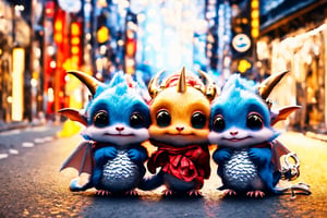 5 cute chibi aliens with a horn and long ears and wing , "five",in a city street in Tokyo,tokyo tower,