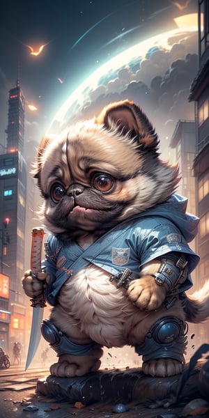 masterpiece, best quality, 4k, 8k, 1 ninja pug dog, With round eyes, Dressed in blue and orange mecha, wearing a ninja costumes, holding a Japanese katana , riding on a mechanical cyborg horse , The background is a high-tech lighting scene, The city of the future,tokyo tower