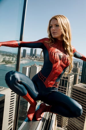 Photo of a slender female Spiderwoman perched high atop a building, viewed from above, with an intricate background.
looking to the viewer, blonde hair, 
,spider-man costume