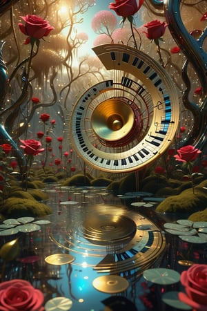 a Allen in a Swamp, with music notes colorful Allen world with DMA, analogue spectrum hologram, close-up a roses, hologram vortex simulation, Cristal trees, red, gold and silver patterns, swamp background hyper detailed, with Inca filer of gold, ((Alien life)), music notes, high resolution, cinema 4D