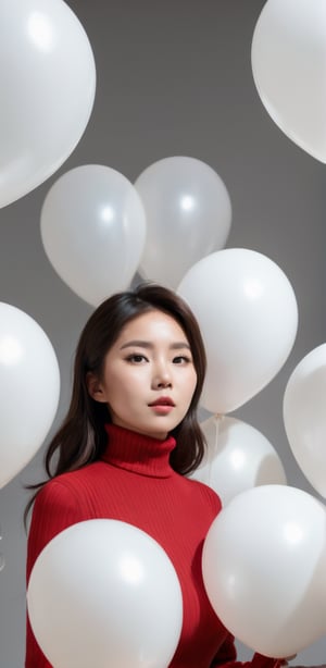 breathtaking a cinematic fashion portrait photo of beautiful young chinese woman from the 60s wearing a red turtleneck standing in the middle of a ton of white balloons, dramatic lighting, taken on a hasselblad medium format camera . award-winning, professional, highly detailed