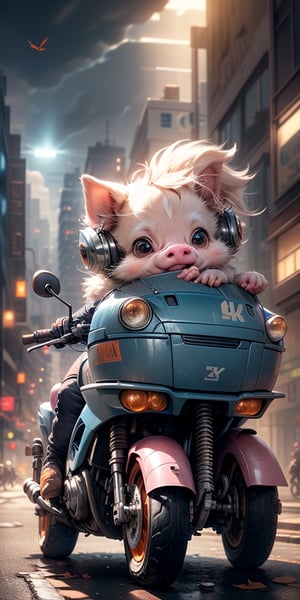 masterpiece, best quality, 4k, 8k, 1 pink pig , With round eyes, Dressed in blue and orange mecha, wearing a mecha helmet, holding a directional controller, riding on a motorcycle, The background is a high-tech lighting scene, The city of the future