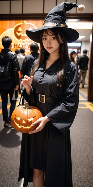 a girl with a halloween costume and a wizard hat holding a halloween pumpkin,photo, student in tokyo, wide fov, wide field of view, wide angle, hyper maximalist, bright saturated colors, award-winning, masterpiece, detailed, high resolution