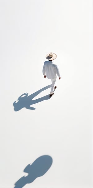 Prospect, Bird's-eye view, Human figure, A pure white background, Alone, Walk in a pure white space, Shadow, Wearing a hat, Can't see the face clea, Loneliness, Sense of atmosphere, Leave a lot of white space, modern art