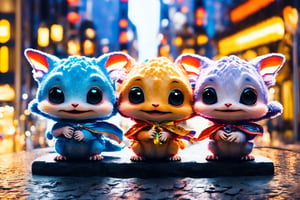 5 cute chibi aliens, "five",in a city street in Tokyo,tokyo tower,