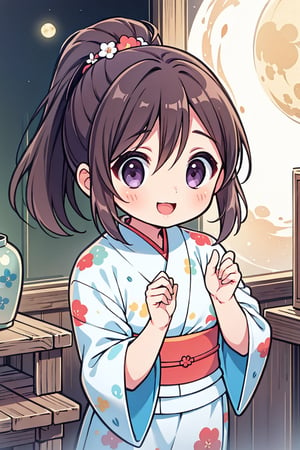 nozomi kasaki, kasaki nozomi, long hair, purple eyes, Brown hair, ponytail, hair between eyes, green yukata, yukata with flower pattern, (masterpiece:1.3), best quality, high resolution,  , perfect lighting, extremely detailed CG, (perfect hands, perfect anatomy),solo,the best smile,Moon shaped hair ornament,moon,tatami mat,Japanese inn, porch
