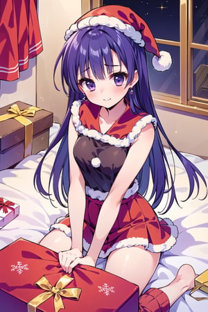 (Masterpiece, Top Quality, Best Picture Score: 1.3), (Sharp Image Quality), Perfect Beauty: 1.5, purple hair, long hair, one person, (cute clothes), beautiful girl, opening presents, mini skirt, beautiful view, fluttering skirt, present box, presents filled with lots of sweets ( best view ), 18 years old, Santa Claus house,