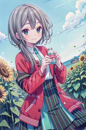 (Best Picture, Best Picture Quality Score: 1.3), (Sharpest Picture Quality), Perfect Beauty: 1.5,solo,Gray hair, long, hair tied to one side,school_uniform,red jacket,A white shirt with a light green vertical line,((Skirt with green and black vertical stripes)),frills,long sleeves,the best smile, very beautiful view, fluttering skirt,solo,blue sky,Sunflower fields, blue skies,Coca-Cola Bottle,seaside