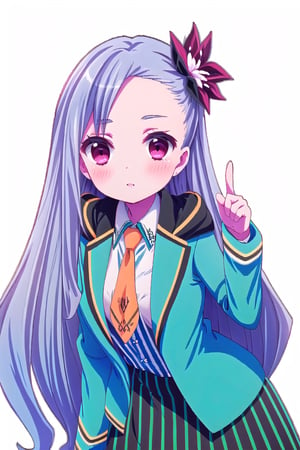 (masterpiece:1.3),best quality, (sharp quality),Perfect Beauty,lavender_hair, long-hair, flower hair ornament,blue -green jacket, Black neck collar,orange tie,White blouse, school uniform,Skirt with green and black vertical stripes,Skirt ruffle,Index finger up,large pink heart mark,Bending forward,empty_background,(masterpiece),scenery