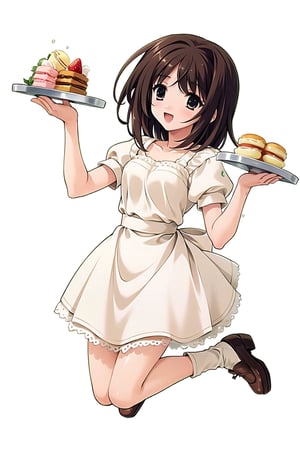 (masterpiece:1.3),best quality,Perfect Beauty Score: 1.5, 1girl, Brown hair,solo,Patissier, cream, The best smile, fullbody,cake making,Jump up,Spread both hands to the left and right,Crepe, strawberry shortcakes, macaroons, hot cakes,A lot of sweets are flying in the background,Fancy background