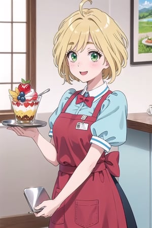 Masterpiece,Best  Quality, High Quality, (Sharp Picture Quality), hirt, bow, short sleeves, puffy sleeves, apron, blue shirt, name tag, waitress,the best smile,yui nishida, short hair, blonde hair, (green eyes:1.3), ahoge,(Red lower body apron),  red butterfly ribbon,((Fruit parfait on the tray)), stylish cafes, bright cafes, beautiful scenery,full_body,Seat by window,