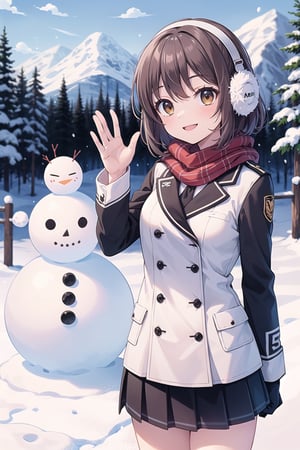 (best quality, masterpiece: 1.3), perfect beauty different woman: 1.5, (uniform), reddish brown hair, short hair, (mini skirt), (smiling), (very beautiful scenery), (most amazing scenery), (one woman), ( snowy scenery), (rural scenery), making snowman, one person, small breasts, hair blowing in wind Fluttering skirt, gloves, earmuffs, scarf, cute snowman, best smile, waving, mini character,