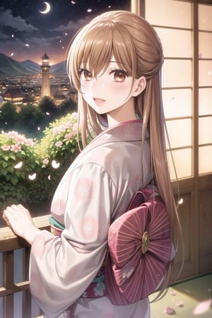 (masterpiece:1.3),best quality, (sharp quality), brown hair, brown eyes, solo,((Beautiful light pink kimono)), floral design,Beautiful landscapes, petals, looking down at the hills,beautiful day,Observatory, large lighthouse,Japanese tea,Hair fluttering, moonlit night, cherry blossom petals fluttering,((night)),moon,,chihaya_ayase