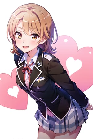 Masterpiece,Best  Quality, High Quality, (Sharp Picture Quality), Brown hair, short hair, uniform, black jacket, red ribbon, pink browser, check skirt, pleated skirt, best smile, Spread both arms left and right,
Distribute the heart mark,one person,alone,pink Heart mark,((empty_bg))