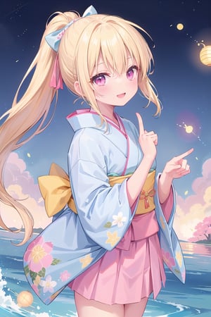 (best quality,  best quality: 1.3),  (sharp quality), Blonde hair, long hair, ponytail,((Light blue kimono)), flashy kimono, floral kimono, Japanese style, (solo), (the best smile), (flapping skirt), skirt, ,(yellow head ribon),Hold up the index finger of one hand,Large pink heart mark on fingertips,Night, light of a firefly,Beautiful creek,