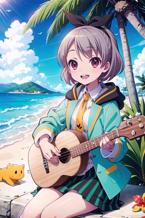 Masterpiece,Best  Quality, High Quality,  (Sharp Picture Quality), Gray hair, short hair, white hair ribbon, school uniform, blue -green jacket,orenge tie,(Skirt with green and black vertical stripes), ukulele, tropical, palm trees, best smiles, sea, beautiful scenery, blue sky ,alone,sitting,fantasy world,Coconut fruit, flower necklace