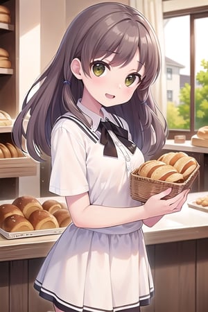 (Masterpiece, Top Quality, Best Picture Score: 1.3), (Sharp Picture Quality), Perfect Beauty: 1.5, ,Brown Hair, (Bakery), One, (Cute Uniform), Long Hair, Beautiful Girl, Cute, Woman Working In Bakery, Mini Skirt, Beautiful View, Fluttering Skirt, Lots Of Bread, Sweet Bun, ( best view), 18 years old, fashionable bakery store