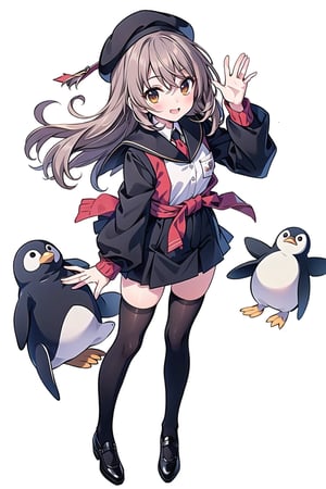 (Best Picture Quality, High Quality, Masterpiece Degree: 1.3), Perfect Beauty Degree: 1.5, ((white background)), ((no background)), brown hair,one person, (wearing full body penguin getup)), cute penguin getup, beautiful girl, waving one hand, cute, best smile, (facing front))