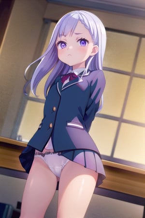 (Masterpiece), light purple hair, school uniform, mini skirt, panties showing.