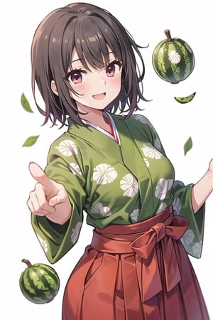 Perfect Beauty 1.5, ((White Background)), ((No Background)), Beautiful Girl, Black Hair, Short Cut, ((Woman Hakama)), ((Hakama with Melon Print)), ((Hakama with Melon Print)), One Person, (Pink Hakama), 18 Years Old, Great Smile, Pointing 