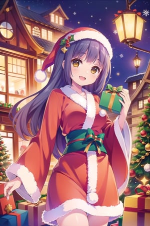 (Best Picture Quality, High Quality, Best Picture Score: 1.3), , Perfect Beauty Score: 1.5, long hair, (kimono), one person, (cute outfit), red hairpiece, beautiful, cute, stylish cafe, best smile, Christmas,(( Decorate Santa Claus' house, fine decorations, lots of presents,((((Building Santa'home)))),