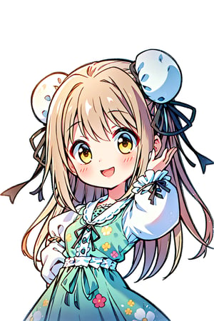 (masterpiece:1.3), Best Quality, High Quality, Sharp Picture Quality, blonde,(long hair), solo,yellow eyes,green dress,long skirt, (white double bun with black ribbon), white sleeves, black ribbon on the waist, aqua ribbon on the chest, flower print on the chest, frills, lace trim,(empty background),no background,chibi,smile,happy face,((She raises her hands above her head.)),Peace,(( Banzai!)),jumping