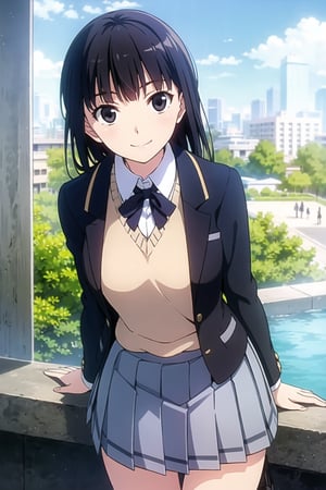 (Masterpiece, Top Quality, High Quality, (Sharp Picture Quality), Perfect Beauty: 1.5, light brown hair, (Japanese School Uniform), solo, Black chest ribbon,Black skirt,(Black blazer),Beige undershirt, beautiful girl, cute,mini skirt, best smile, very beautiful view, fluttering skirt,(most fantastic view),view from a height, Fountain,Lift skirt,