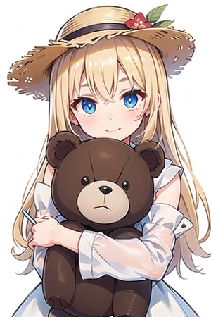 Perfect Beauty 1.5, ((white background)), ((no background)), beautiful girl, blonde hair, wearing white dress, alone, long hair, upper body, (big straw hat), 18 years old,  very large stuffed bear, ((face buried in stuffed bear)), ((one very large stuffed bear than her)),Stuffed animals larger than people