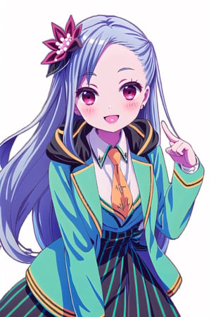 (masterpiece:1.3),best quality, (sharp quality),Perfect Beauty,lavender_hair, long-hair, flower hair ornament,blue -green jacket, Black neck collar,orange tie,White blouse, school uniform,Skirt with green and black vertical stripes,Skirt ruffle,Index finger up,large pink heart mark,Bending forward,empty_background,(masterpiece),scenery,the best smile,large pink haeart mark,