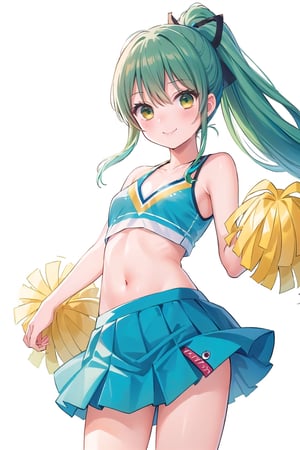  (masterpiece, best quality, sharp image, professional artwork:1.5),yellow green hair, long hair, Ponytail, blue ribbon,Cheerleader,Small chest,the best smile,(white background),empty_background,chihaya_ayase
