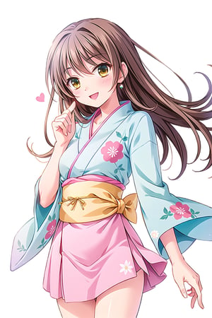 (best quality,  best quality: 1.3),  (sharp quality),(Masterpiece, Best Picture Quality, Best Picture Quality Score: 1.3), (Sharpest Picture Quality), Perfect Beautiful Woman: 1.5, brown hair,Light blue kimono, flashy kimono, floral kimono, Japanese style , (solo), (the best smile), (flapping skirt), skirt, ,(yellow head ribon),Stand on the index finger,Large pink heart mark on fingertips,empty_background,